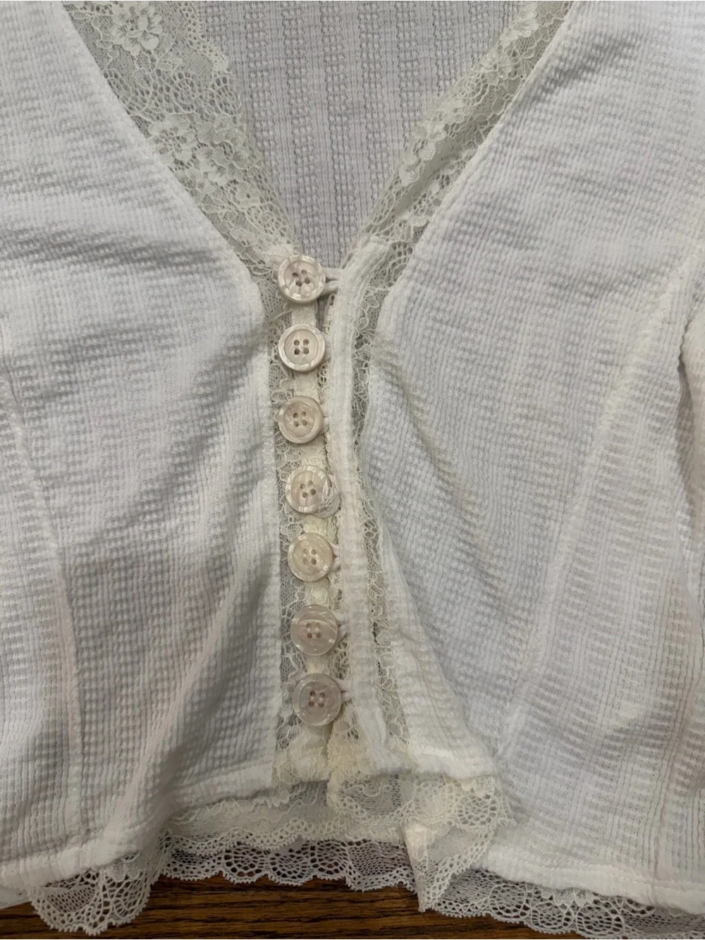 Free People Cream Lace-Trim Button Front Cropped Top
